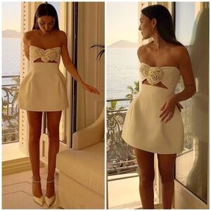 Magda Butrym Floral Appliqué Wool Bustier Bridal Mini Dress Cream